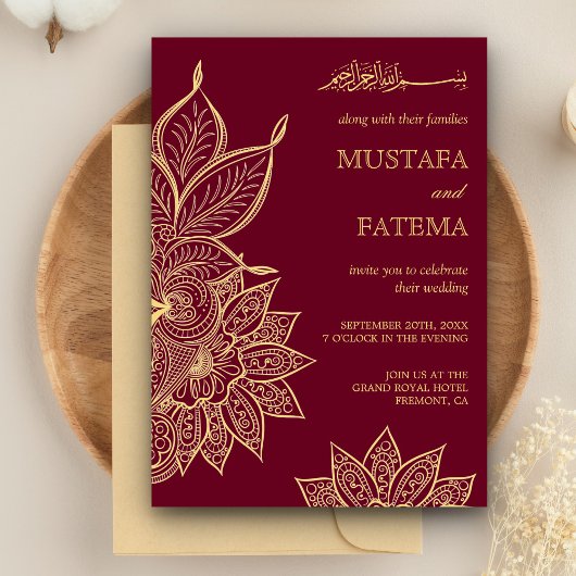 Invitation Gold Burgundy Mehendi Henna Mariage islamique