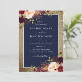 Invitation Gold Burgundy Navy Floral Mariage (Debout devant)