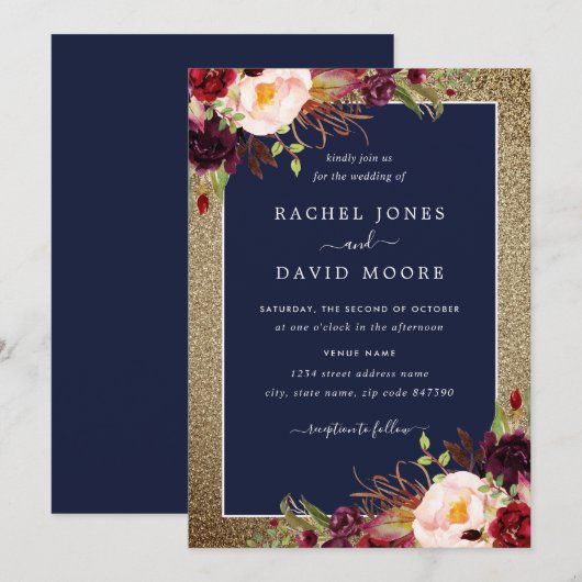 Invitation Gold Burgundy Navy Floral Mariage (Devant / Derrière)
