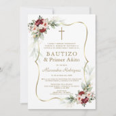 Invitation Gold Burgundy Peach Flowers 1st Birthday Baptism (Devant)