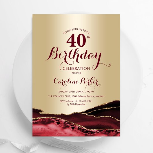 Invitation Gold Burgundy Red Agate 40e anniversaire