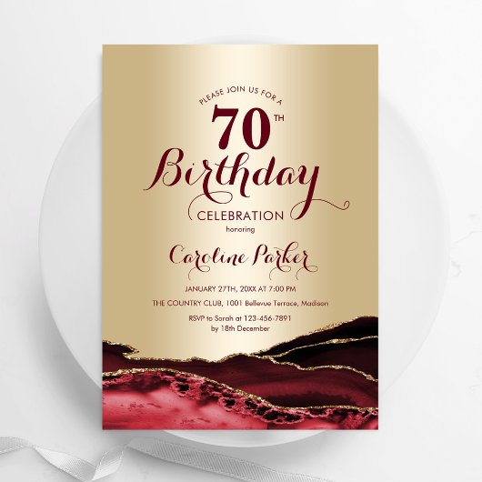 Invitation Gold Burgundy Red Agate 70e anniversaire