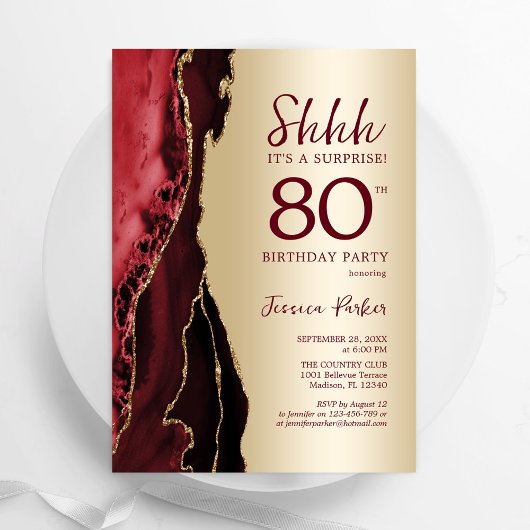 Invitation Gold Burgundy Red Agate Surprise 80e anniversaire