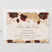 Invitation Gold Burgundy Roses Quinceañera enregistrer la dat (Devant)