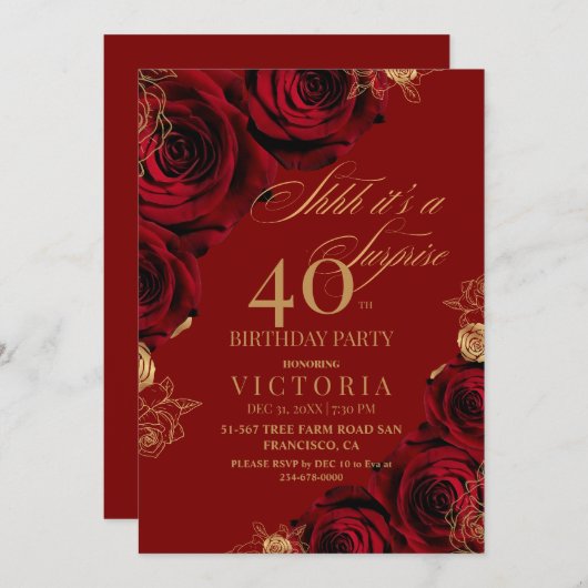 Invitation Gold Burgundy Roses Surprise 40e anniversaire (Devant / Derrière)