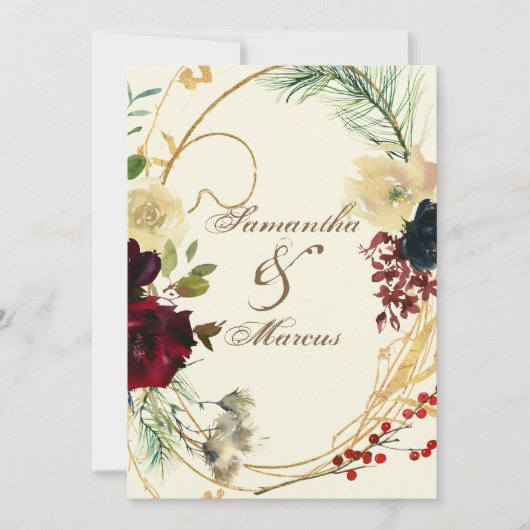 Invitation Gold Burgundy Rouge Aquarelle Florale Mariage Wrea (Devant)