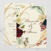 Invitation Gold Burgundy Rouge Aquarelle Florale Mariage Wrea (Devant / Derrière)
