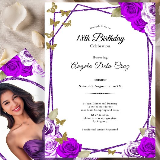 Invitation Gold Butterflies Purple Roses 18th Debut Birthday
