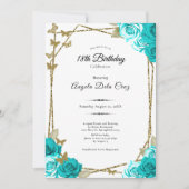 Invitation Gold Butterflies Teal Roses 18th Debut Birthday (Devant)