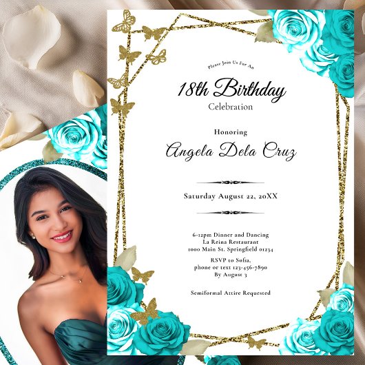 Invitation Gold Butterflies Teal Roses 18th Debut Birthday