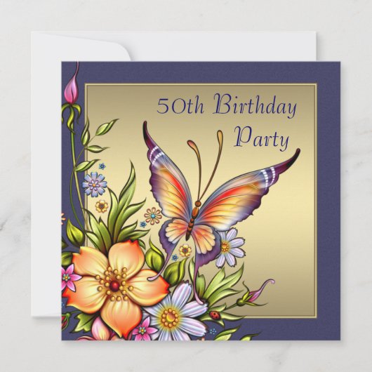 Invitation Gold Butterfly Womans 50e fête d'anniversaire (Devant)