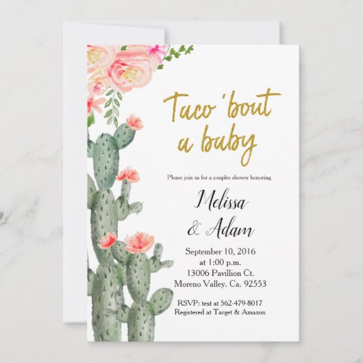 Invitation Gold Cactus floral Taco Bout Baby shower bébé (Devant)