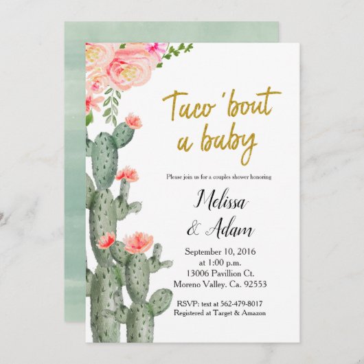 Invitation Gold Cactus floral Taco Bout Baby shower bébé (Devant / Derrière)