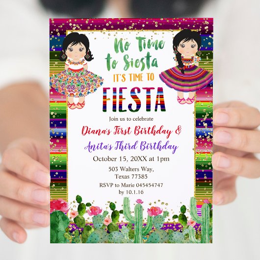 Invitation Gold Cactus Twins Girl Anniversaire Fiesta