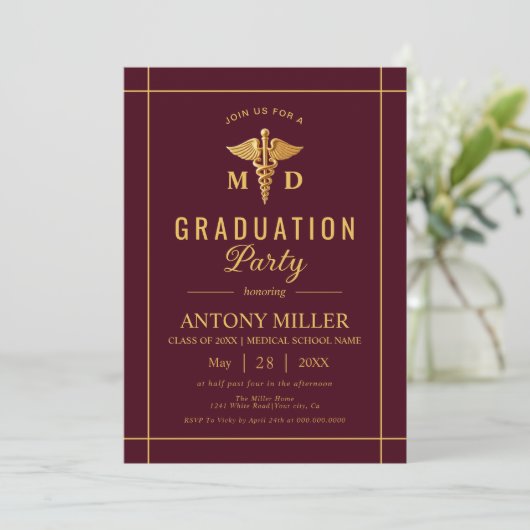 Invitation Gold caduceus Classe De 2025 burgundy graduation (Debout devant)