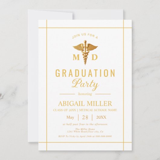 Invitation Gold caduceus Classe De 2025 graduation blanche (Devant)