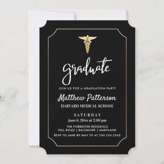 Invitation Gold Caduceus Médicale Gradué Black Gold (Devant)