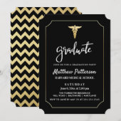 Invitation Gold Caduceus Médicale Gradué Black Gold (Devant / Derrière)