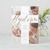 Invitation Gold Calligraphie Photo Collage Baby Baptism Croix (Debout devant)