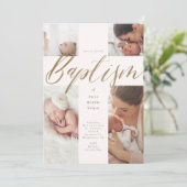 Invitation Gold Calligraphie Photo Collage Baby Baptism Croix (Debout devant)