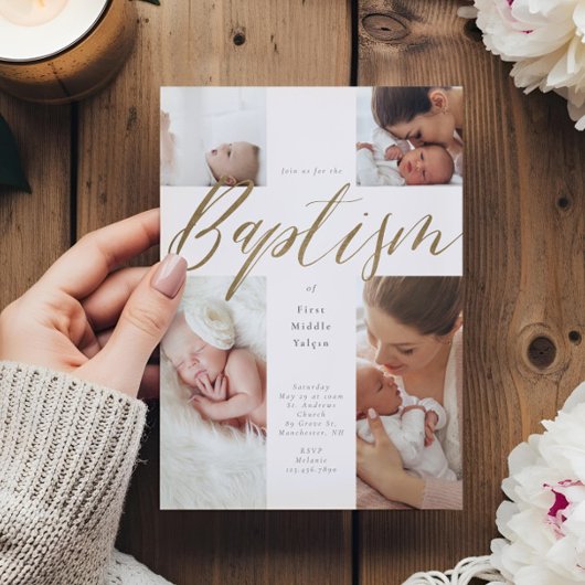 Invitation Gold Calligraphie Photo Collage Baby Baptism Croix