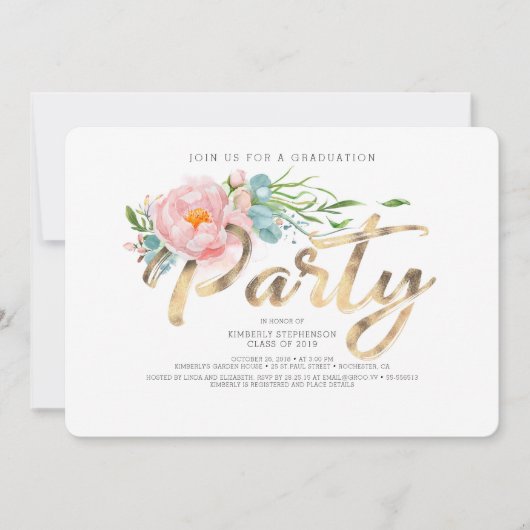 Invitation Gold Calligraphie Pink Floral Graduation Party (Devant)