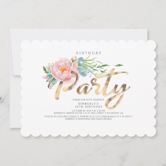 Invitation Gold Calligraphy Blush Pink Florals Anniversaire (Devant)