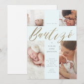 Invitation Gold Calligraphy Photo Collage Baby Bautizó Cross (Devant / Derrière)