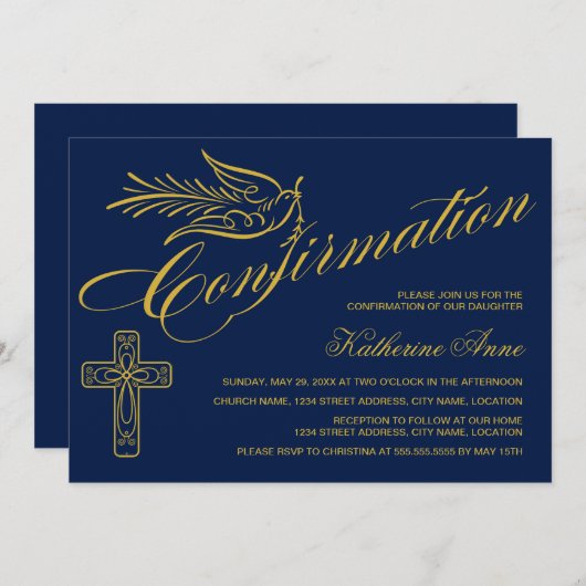 Invitation Gold Calligrigraphy Confirmation Croix et colombe (Devant / Derrière)