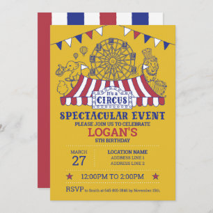 Invitation Gold Carnival Circus Baby Birthday Kids HouseParty