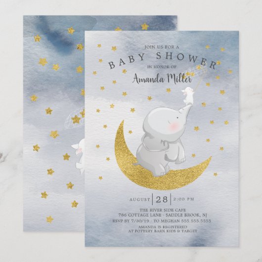 Invitation Gold Catch A Star Bunny Elephant Baby Boy Douche (Devant / Derrière)