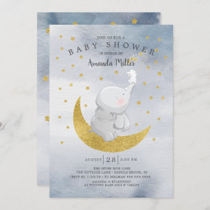 Invitation Gold Catch A Star Bunny Elephant Baby Boy Douche