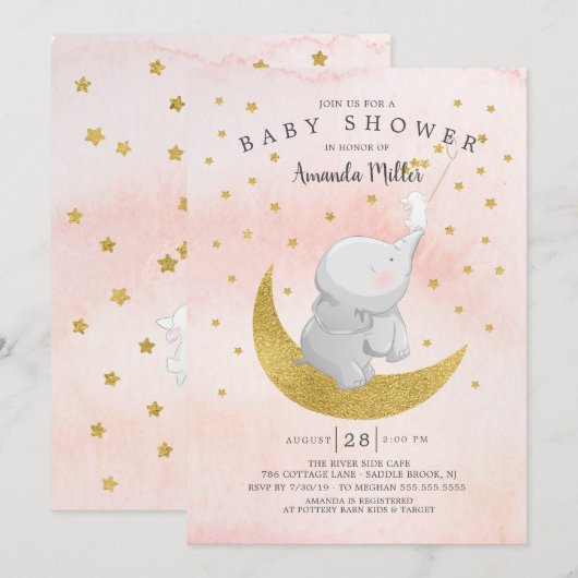 Invitation Gold Catch A Star Bunny Elephant Baby Girl Douche (Devant / Derrière)