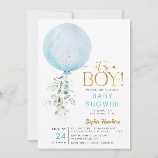 Invitation Gold C'est un Baby shower Bleu Garçon (Devant)