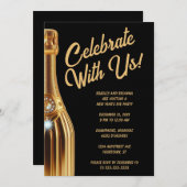 Invitation Gold Champagne Bottle on Black New Year's Eve (Devant / Derrière)