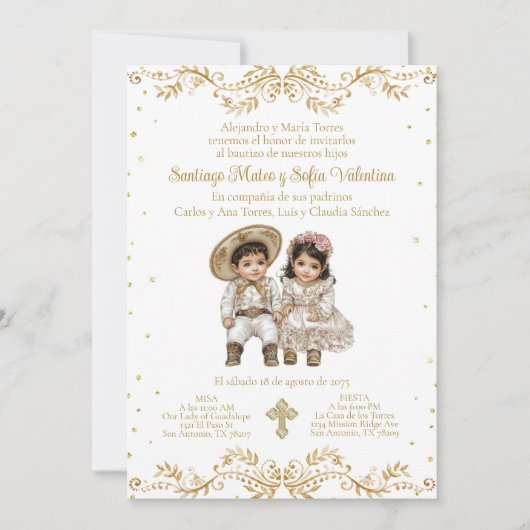 Invitation Gold Charro et Charra Twin espagnol Baptême (Devant)