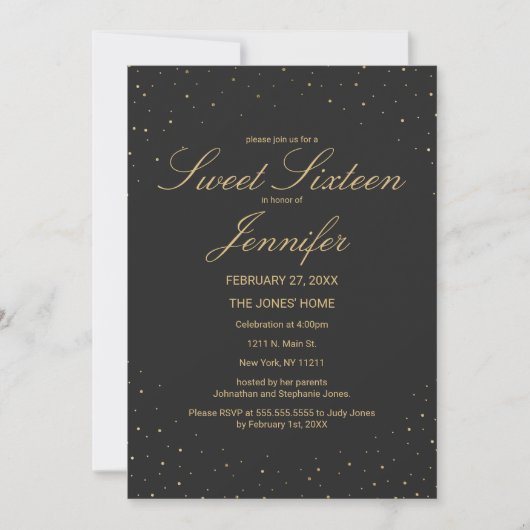 Invitation Gold chic moderne offert sur Black Sweet 16 (Devant)