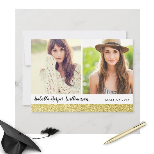 Invitation Gold Chic Sparkles 2 Grad Photos Grad Graduation P