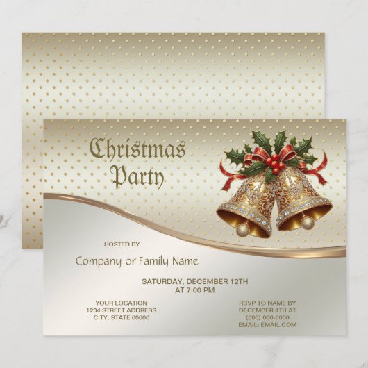 Invitation Gold Christmas Bells Party (Devant / Derrière)