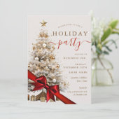 Invitation Gold Christmas Tree Red Bow Corporate Holiday  (Debout devant)