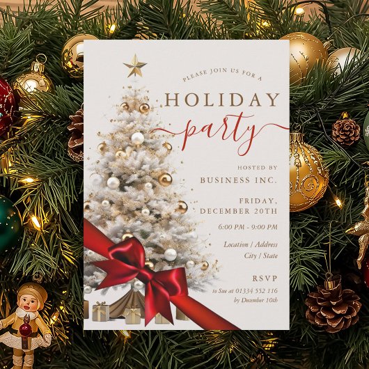 Invitation Gold Christmas Tree Red Bow Corporate Holiday 