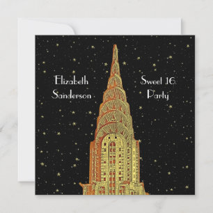 Invitation Gold Chrysler Bldg Skyline #2 Starry Sweet 16 SQ