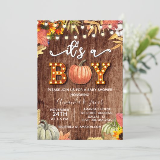 Invitation Gold Citrouille Rustic C'est un Baby shower garçon (Debout devant)