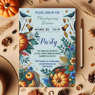 Invitation Gold Citrouilles Blue Bird Thanksgiving Diner Part