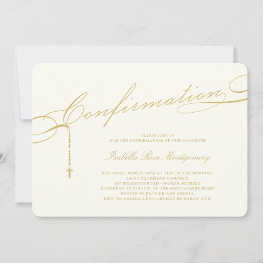 Invitation Gold Classic Script Rosaire Confirmation Religieus (Devant)