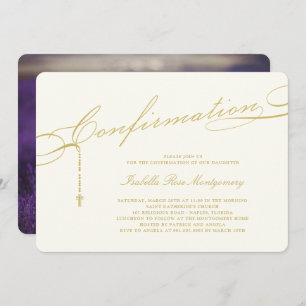Invitation Gold Classic Script Rosaire Confirmation Religieus