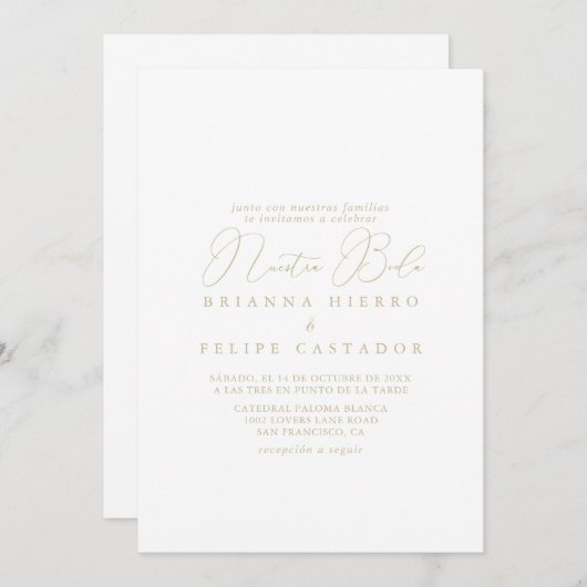 Invitation Gold Classy Chic Minimalist Nuestra Boda Mariage (Devant / Derrière)