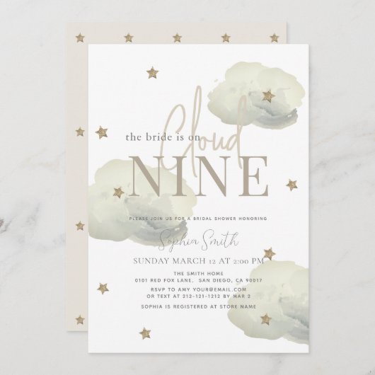 Invitation Gold Cloud 9 Gold Stars Fête des mariées Aquarelle (Devant / Derrière)