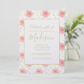 Invitation Gold Confetti Aquarelle rose Rose Anniversaire (Debout devant)