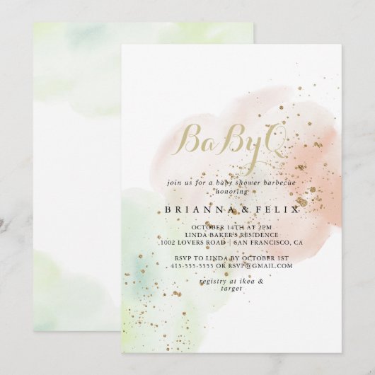 Invitation Gold Confetti BabyQ Baby shower Barbecue (Devant / Derrière)